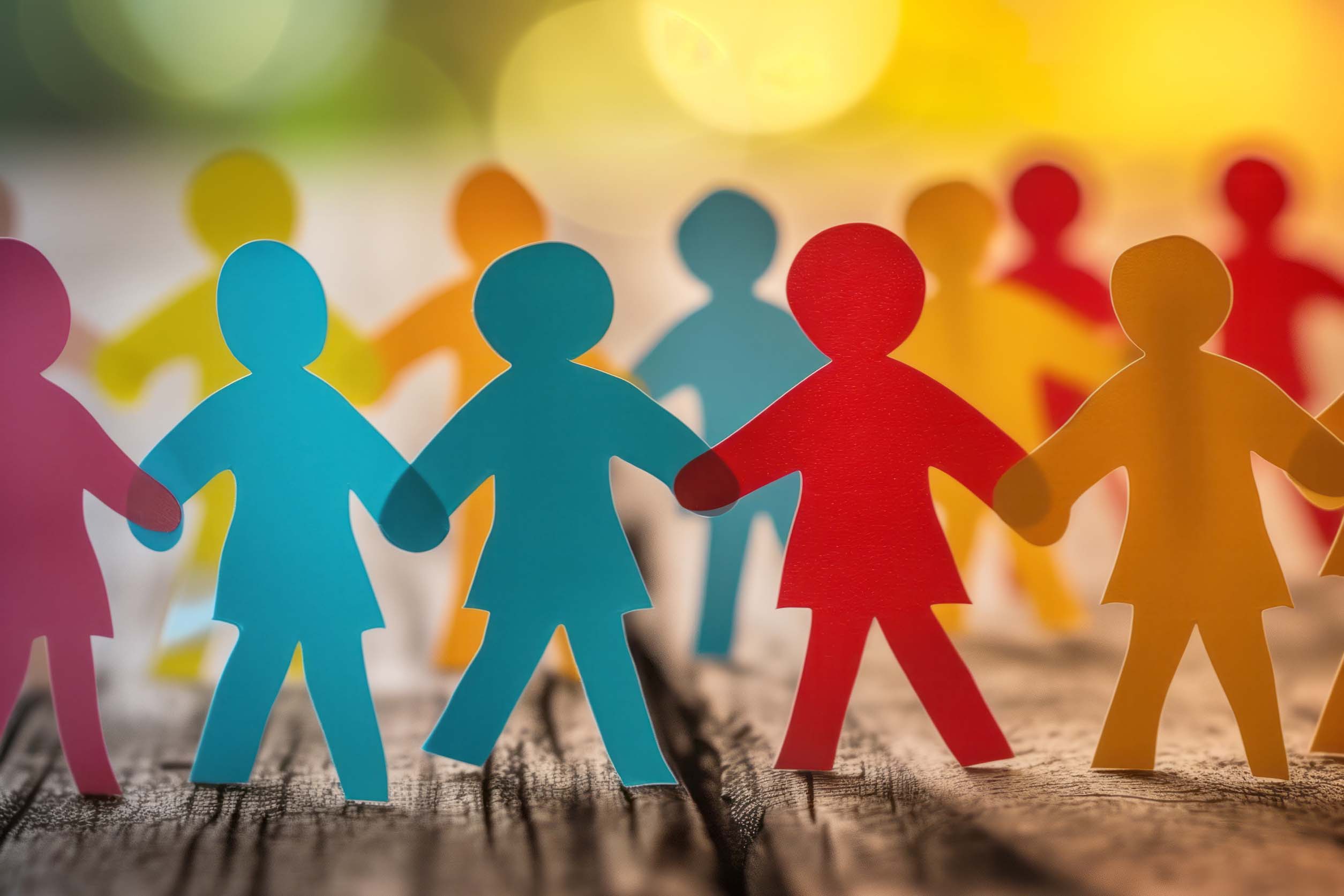 Rainbow colored paper human figures holding their hands on nature background. Diversity and Inclusion concept.